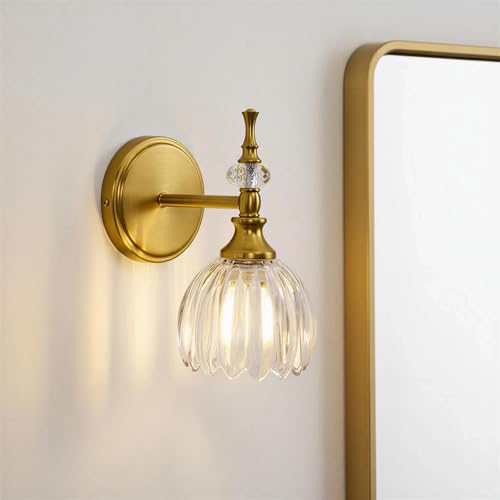 Image of ANDY STAR 1-Light Brushed Gold Bathroom Vanity Light, Transitional Sconce | Ribbed Glass & Crystal Accent, Damp-Resistant, Heat-Resistant E12 Base, Reversible Up /Down Mounting