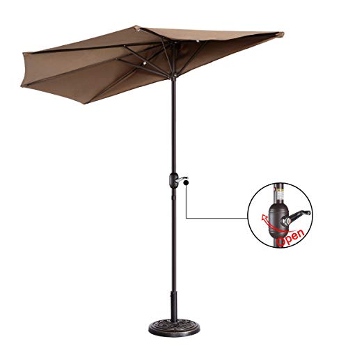 Image of Half Patio Umbrella - 9ft Outdoor Patio Canopy with Easy Hand Crank - Condo, Townhouse, or Balcony Furniture by Villacera (Brown)