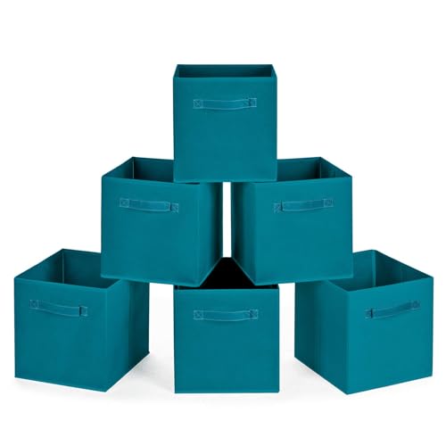 Image of MaidMAX Cloth Storage Bins, Set of 6 Foldable Collapsible Fabric Cubes Organizers Basket with Dual Handles, Teal