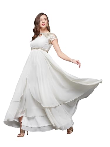 Image of Miss Chase Women's Round Neck Sleeve Embellished Fit Flare Maxi Dress