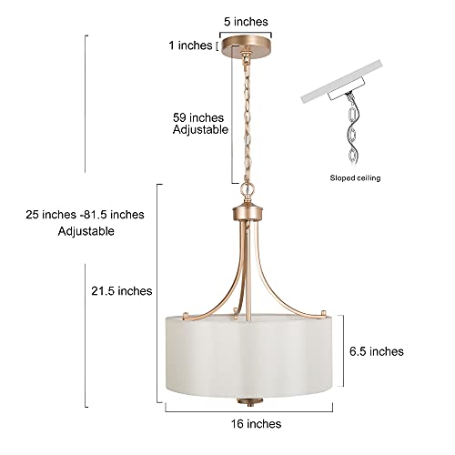 Classy Leaves Gold Chandelier Light Fixture, 4-Light Modern Drum Chandelier Lighting, Gold Pendant Light With White Fabric Shade For Dining Room, Kitchen Island, Foyer, Living Room, 16’’ D X 21.5’’ H #TOP5