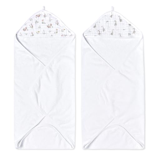 Image of aden + anais Essentials Hooded Baby Bath Towel, Super Soft 100% Cotton, 2 Pack, Country Floral