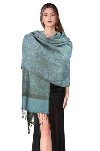 PASKMLNA Paisley Jacquard Pashmina Shawl Wrap Scarf Stole (018-70 Olive light blue)