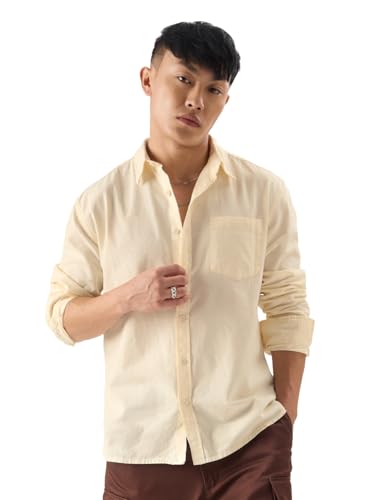 Image of The Souled Store Solid Linen: Beige Color Men and Boys Regular Outdoor Fit Full Sleeve Collared Neck Spread Collar Casual Wear Stylish Comfortable Premium Elegant Cotton Shirts