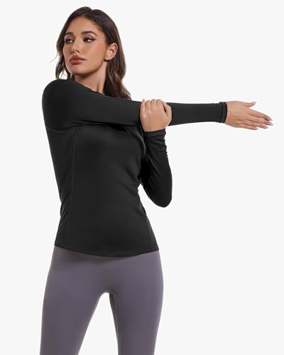 Image of Womens Long Sleeve Compression Shirts Sun Protection Workout Underscrubs | UPF 50+ breathable UV SPF rash guard, Moisture wicking dry fit cooling undershirt, Snug stretch tops for gym & daily wear