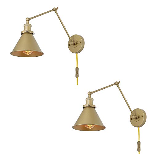 LNC Gold Wall Sconces, Swing Arm Wall Lamp Adjustable Plug-in or Hardwire Light Fixture, 2 Pack