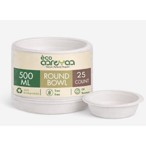 Image of Eco Disposable Bagasse Bowls - 500 ML - Pack of 25 Biodegradable Disposable Bowls - Eco-Friendly Dip, Sauce, Chutney & Dessert Cups - Leak-Resistant Small Serving Bowl (Pack of 25)