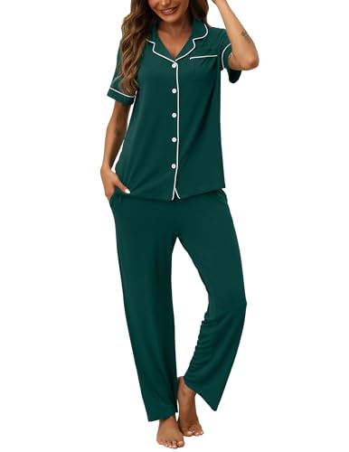 Image of HNG Women Pajamas Set 2 Piece Button Up Pajamas Pant and Short Sleeve Shirt for Woman Pj Sets with Pocket