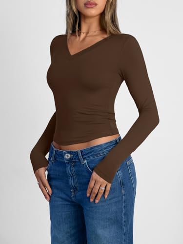 Image of Trendy Queen Womens Long Sleeve Shirts 2026 Fall Fashion Basics Crop Tops