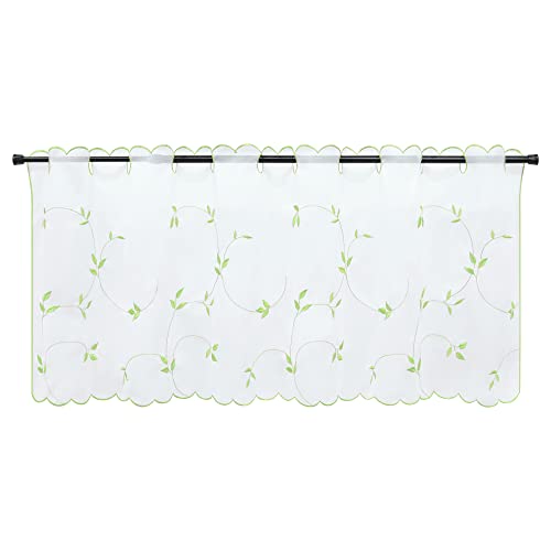 Heichkell Voile Net Curtain Leaves Embroidery Bistro Curtain Country House Style Short Curtains for Kitchen Embroidered Short Curtain Pole Holes Green H x W 45 x 90 cm - Image 2