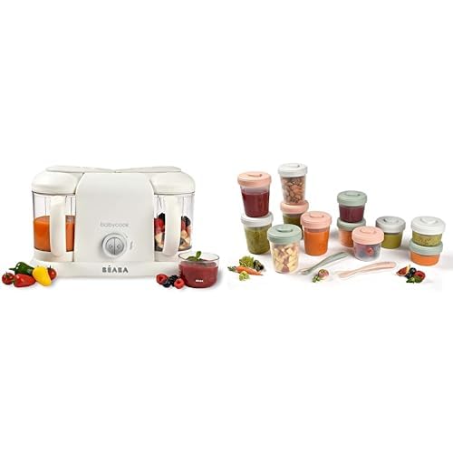 BÉABA, Babycook Duo Robot Bébé 4 en 1 Mixeur-Cuiseur, Cuisson Vapeur rapide 15min & Lot de 12 Portions Conservation et 2 Cuillères Silicone, Clip, Pots...