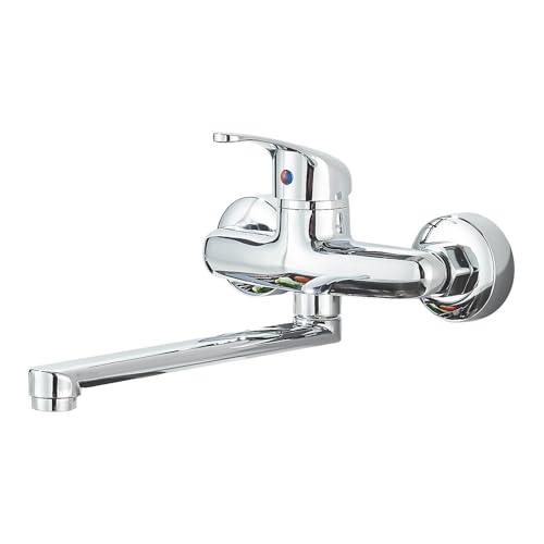 Grifo Cocina de Pared, Grifería de Fregadero Giratorio a 360​°, Mezclador Monomando de Acero Inoxidable 304, Agua Fría y Caliente, Cromo