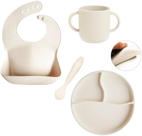 Meleni Baby 4'lü Silikon Beslenme Seti - Silikon Mama Önlüğü Kulplu Bardak Vakum Tabanlı Tabak Mama Kaşığı Krem - Görsel 1