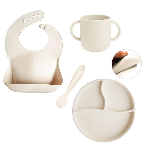 Meleni Baby 4'lü Silikon Beslenme Seti - Silikon Mama Önlüğü Kulplu Bardak Vakum Tabanlı Tabak Mama Kaşığı Krem