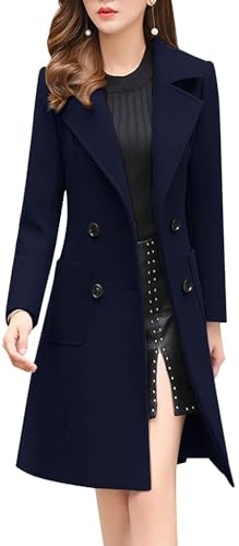 chouyatou Women Elegant Notched Collar Double Breasted Wool Blend Over Coat (Medium, Navy Blue)