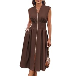 GRACE KARIN Womens Summer Casual Dress, Business Office Work Dresses, Cap Sleeve Zipper Front Flowy Midi Dress with Pockets