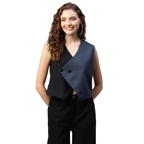 Image of DEEBACO Women's Solid Rayon Waistcoat for Women V-Neck Button Closure Sleeveless Waist Coat With Two Pockets Party Casual Wear Ladies Nehru Jacket (Multicolor)