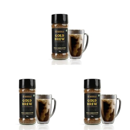 Image of Bevzilla Gold Brew Instant Freeze Dried Coffee Powder - 95g Jar |Arabica Coffee | Best for Hot & Cold Brews | Best for Espresso, Cappuccino & Iced Coffee | No Preservatives | Unbreakable Jar