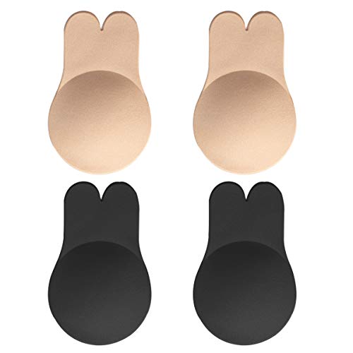 Charmrosy Adhesive Bra, Breast Lift Tape Reusable Breast Pasties Nippleless Covers Rabbit Ear 2 Pair (Nude and Black)