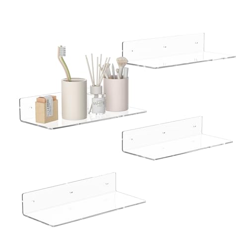 Image of 15 Inches Clear Acrylic Shelves, Wall Mounted Shelves for Bedroom, Wall Display Shelves for Collectibles, Funko Pop, Speaker, Plants, Space Saver, Wide Application, 4 Pack
