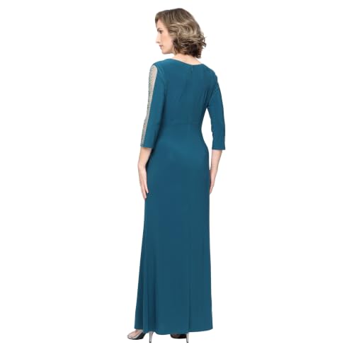 Image of S.L. Fashions Women's Long Length Ruched Waist Formal Evening Dress with Beaded Illusion Sleeves (Petite and Regular Sizes)