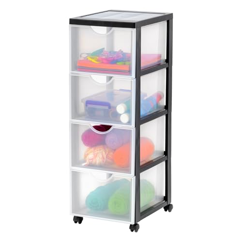 Iris Ohyama, Tour de rangement à Roulettes en Plastique, 4 Grands Tiroirs, Noir, Ouverture Facile, Meuble de Rangement, Papeterie, pour Chambre, Salle de Bain, École &...