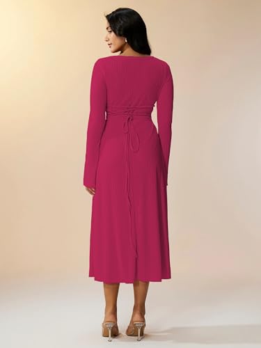 Image of Shasmi Women's Square Neck A-Line Dress - Long Sleeve, Tie Waist, Knitted Stretchable, Casual & Office Outfit, Solid Winter Midi Dress for Women (Dress 221)