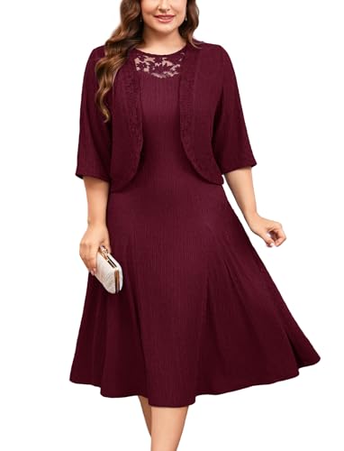 Image of ZOMVA Plus Size Mother of The Bride Groom Dresses for Curvy Women 2 Piece Wedding Guest Dress with Jacket Tea Length