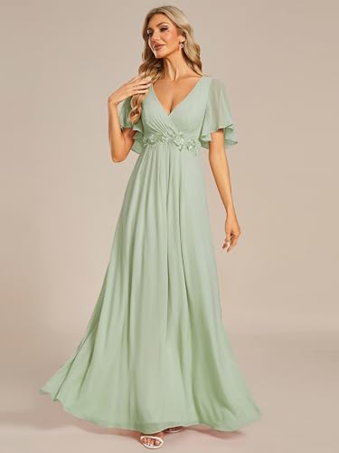 Image of Ever-Pretty Womens V Neck Applique Mother of the Bride Dresses Formal Dress | Chiffon, Short Sleeves, Ruched, A-Line, Bridesmaid Dresses, Formal Gown, Black Tie Dress