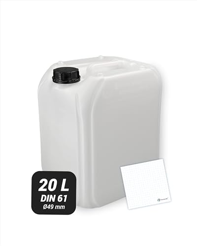 Trevendo Wasserkanister 20 Liter (DIN 61, Ø49 mm) - eingeprägte Literskala - Lebensmittelecht - BPA-frei - Ideal für Camping, Reisen und mehr - inkl Beschriftungsetikett