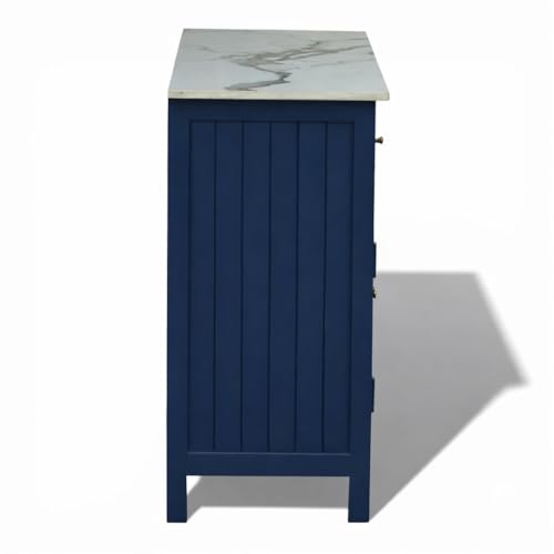 Image of Solid Wood Madrid Sideboard Cabinet with Sintered Stone Top for Living Room | Premium Acrylic Midnight Blue | 130x40x80 cm