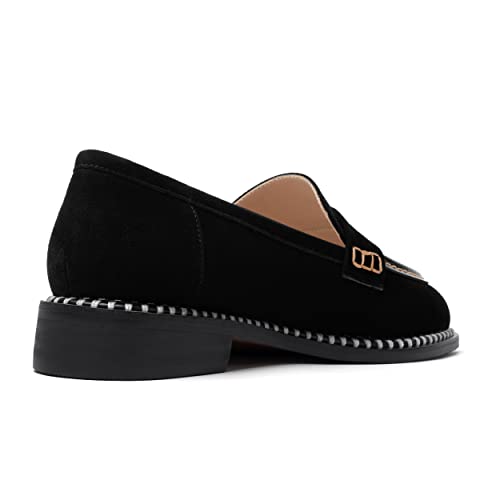 Image of FOGEENA Womens Penny Round Toe Casual Fashion Slip On Suede Leather Chunky Low Heel Loafers Dress Shoes 1 Inch