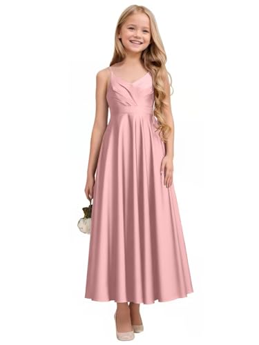 Spaghetti Straps Junior Bridesmaid Dresses for Wedding Satin V Neck Pageant Flower Girl Dresses for Girls2