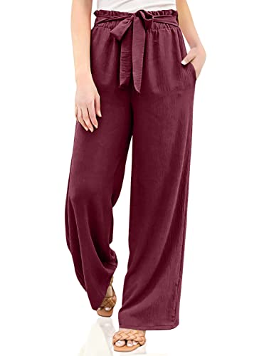 NIMIN Damenhose, fließend, hohe Taille, weites Bein, lockere Lounge-Hose, bequem, elegant, Sommer, leger, Strandhose mit Taschen, Burgunderrot, Größe M Cover
