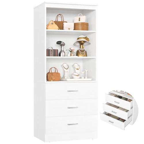 Aheaplus 23.6″ Closet Drawers System, Wood Closet Organizer System with 3 Drawers, Modular Small Walk-in Closets Storage Unit, White (23.6″ L x 13.8″ W x 71″ H)