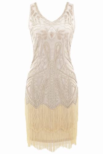 Image of BABEYOND Women's Flapper Dresses 1920s V Neck Beaded Fringed Great Gatsby Dress