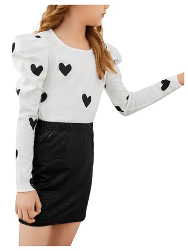 WDIRARA Girl's Heart Print Round Neck Puff Long Sleeve Tee Cute T Shirt4