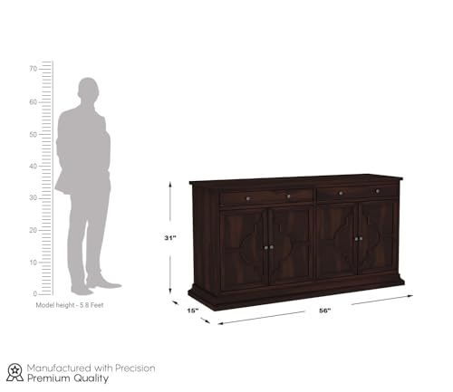 Image of Solid Sheesham Wood Sideboard Cabinet - Elegant Free-Standing Movable Chest of Drawers with 2 Drawers & 4 Shelf storag for Stylish Living Room Walnut