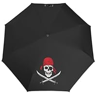 Paukolra Retro Pirate Skull Windproof UV Umbrellas Auto Open Close 3 Folding Strong Durable Compact Travel Sun Umbrella, Portable Lightweight Easy Carrying
