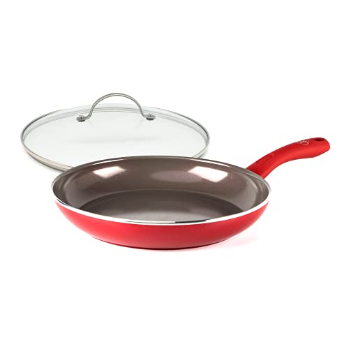 GreenChef Poêle à Frire Revêtement Antiadhésif Sain en Céramique, pour Induction/Four/Lave-Vaiselle, 28cm, Rouge + GreenPan CW000084-004 Couvercle, Verre, Clear, 28cm Cover