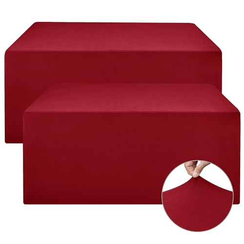 Image of Rectangle Spandex Fitted Tablecloths For Vendor Booths 2 Pcs 96X30 Inch Red | Wrinkle Resistant Elastic Table Covers for 8 Foot Folding Table,Vendor Booths, Parties, Craft Show, Trade Show, 96 x 30 Inch