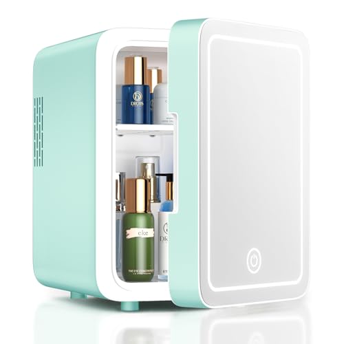 Image of CUTIEWORLD Skincare Fridge with Dimmable LED Light Mirror, 4L Mini Fridge For Desktop, Travel or Cool & Heat, Makeup Fridge for Cosmetics, Skin Care and Food, Green