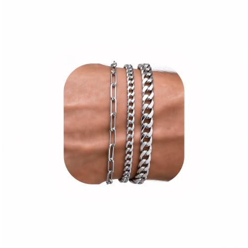 MosFlor Silver Bracelets for Men, 3 Pcs Silver Cuban Link Chain Bracelet Stainless Steel Paperclip Bracelets for Men Dad Husband Mens Fashion Simple Accessories Jewelry Set