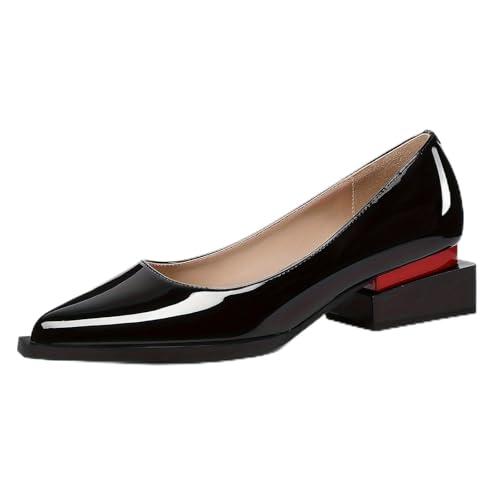 Black Red Block Heels Sleek Pointed Toe Pumps Pull on Loafers Shoes for Women Office Dress Classic Patent Leather