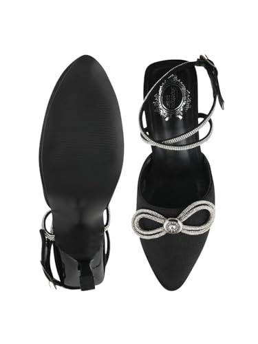 Image of Women's Satin High Heel Sandals Pointed Toe Party Heels with Rhinestone Bow & Ankle Strap - Elegant Stilettos for Weddings & Events