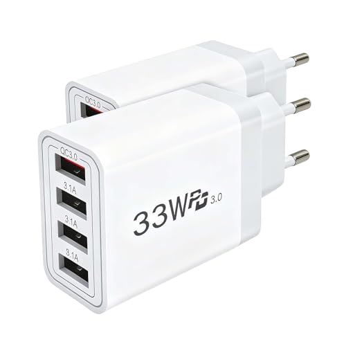 2-Pack Prise USB à 4 Ports 33W Chargeur Rapide,Adaptateur Charge avec Chargeur Rapide Smart QC 3.0 de Chargeur Multi-Ports Compatible avec Phone...