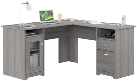 Bush Furniture Cabot L Shaped Computer Desk in Modern Gray | Corner Table with Drawers and Storage for Personal Home Office Workspace