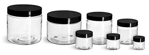 4 oz Plastic Jars, Clear PET Straight Sided Jars w/Black Smooth Induction Lined Caps