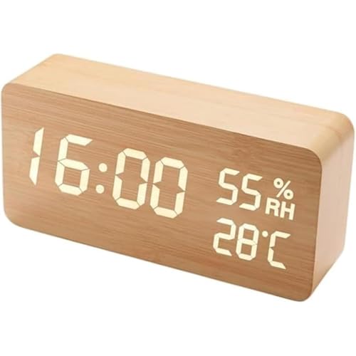 Vlfn 目覚まし時計 ??木目デザイン 大音量アラームクロック 温度湿度計 LED照明 卓上置き時計 アラーム設定 簡単操作 AC電源対応 寝室 オフィス リビング 多場所対応 (ナチュラル,長方形)