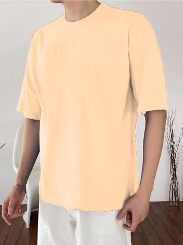 Image of LEOTUDE Half Sleeve Oversized Tshirt for Men, Round Neck Cottonblend Drop Shoulder Solid T-Shirt